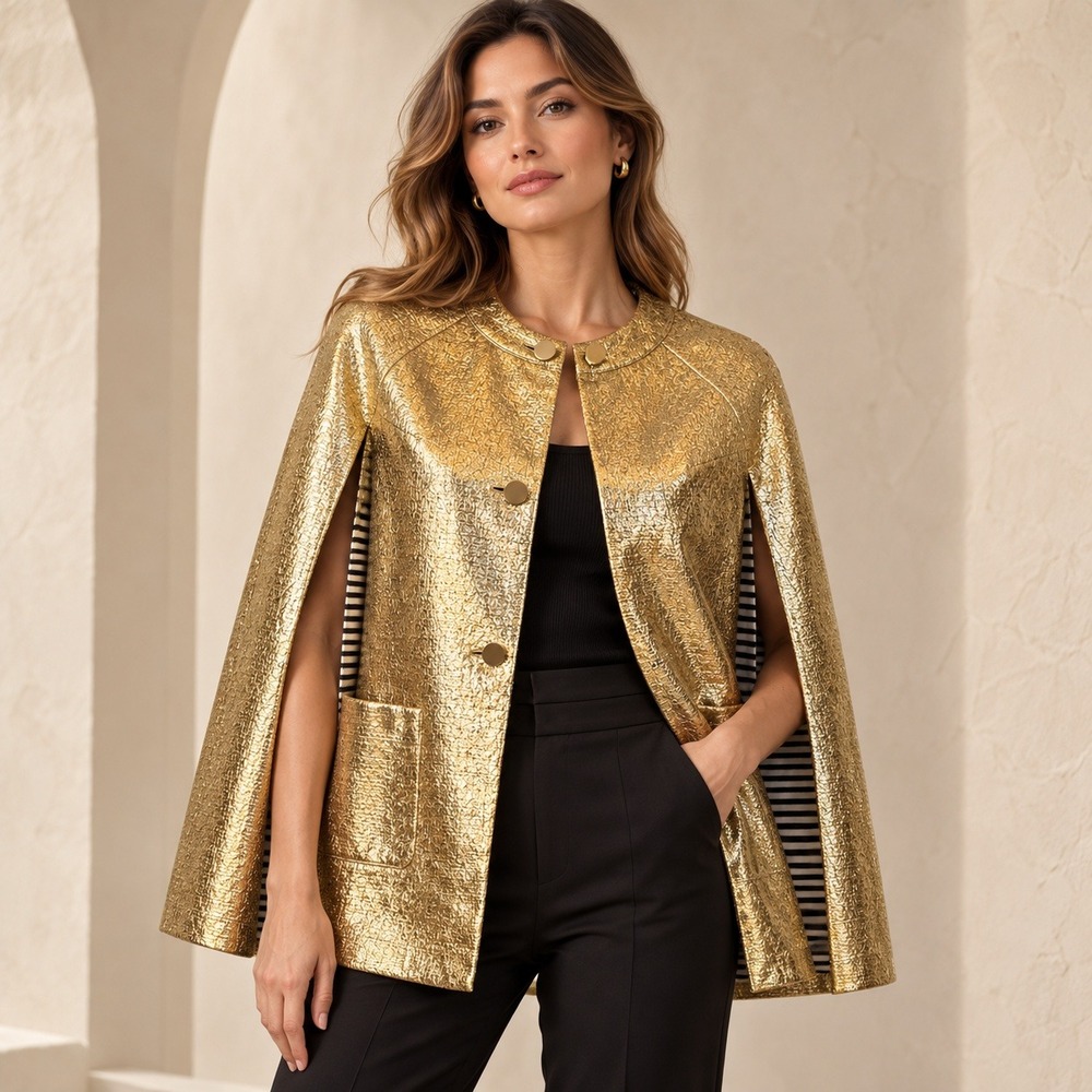 BURU Gold Metallic Cape Jacket Womens Small Striped Lining Arm Slits